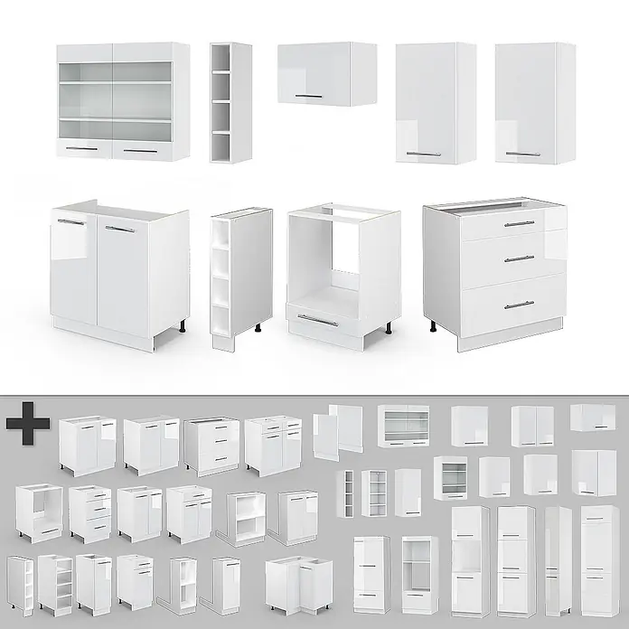 Vicco Küchenzeile Fame-Line Weiß Hochglanz/Weiß, AP Marmor - Breite: 235 cm, Weiß Hochglanz, Ohne Elektrogeräte - Weiße modulare Küchenschränke und -elemente für verschiedene Konfigurationen, inklusive Unter- und Oberschränke, Schubladen und offene Regale.