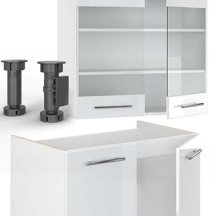 Vicco Küchenzeile Fame-Line Weiß Hochglanz/Weiß, AP Anthrazit - Weiß Hochglanz, Ohne Elektrogeräte - Weiße Hochglanz-Modulschrankteile mit Glastüren, Schubladen, Chromgriffen und verstellbaren grauen Füßen.