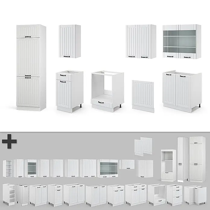 Vicco Küchenzeile Fame-Line Weiß Landhaus/Weiß ohne Arbeitsplatte - Breite: 300 cm, Weiß Landhaus, Ohne Elektrogeräte - Modulare weiße Küchenschränke: hohe, Unter- und Oberschränke, teils mit Glas oder Schubladen, für flexible Gestaltung.