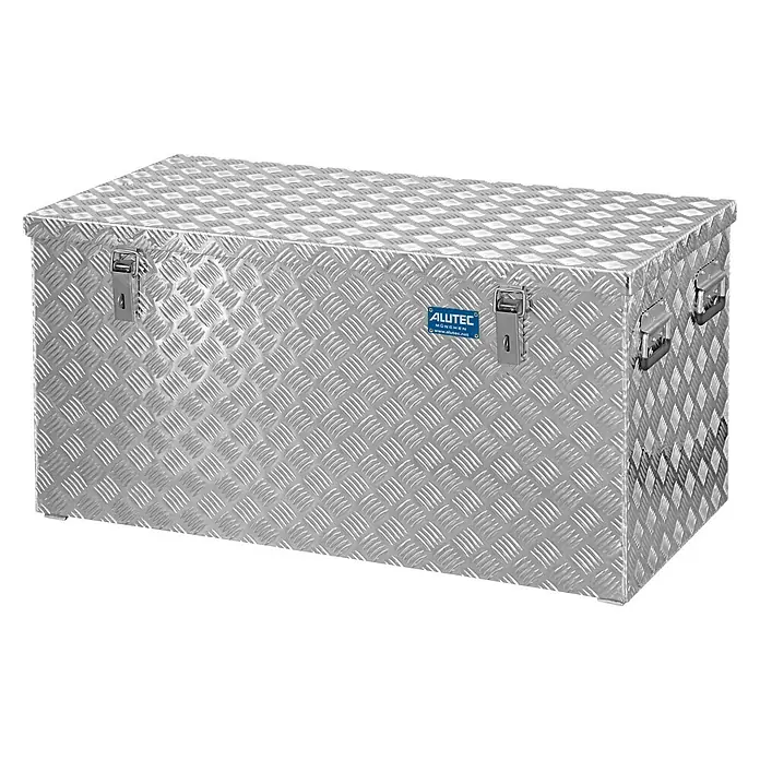 Alutec München Aufbewahrungs- & Transportbox R250 - 1.022 x 525 x 520 mm, 250 l - Silberne Alutec Werkzeugkiste mit Riffelblechmuster, ideal für robuste Aufbewahrungslösungen.