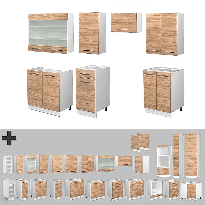Vicco Küchenzeile Fame-Line Goldkraft Eiche/Weiß, AP Eiche - Breite: 240 cm, Goldkraft Eiche, Ohne Elektrogeräte - Moderne Küchenschrankmodule: helle Holzoptik-Fronten, weiße Korpusse. Enthält Unter-, Ober- und Hochschränke, teils mit Glastüren.