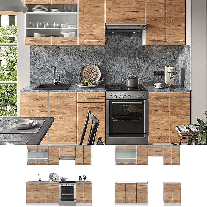 Vicco Küchenzeile Fame-Line Goldkraft Eiche/Weiß, AP Anthrazit - Goldkraft Eiche, Ohne Elektrogeräte - Moderne Küchenzeile mit Holzdekor-Schränken und anthrazitfarbenen Arbeitsplatten, inklusive Spüle und Herd.