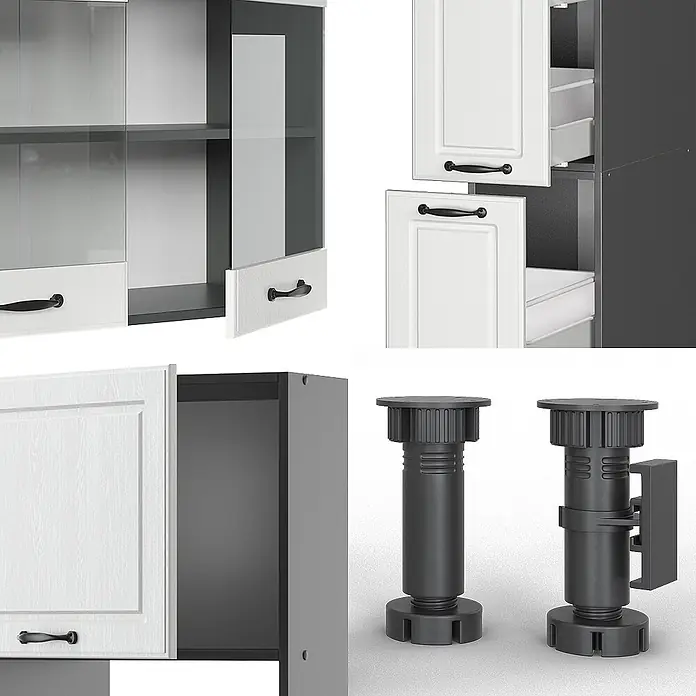 Vicco Küchenzeile R-Line Weiß Landhaus/Anthrazit mit Hochschrank, ohne Arbeitsplatte - Weiß Landhaus, Ohne Elektrogeräte - Modulare weiße und dunkelgraue Schrankteile mit schwarzen Griffen und verstellbaren schwarzen Kunststofffüßen.