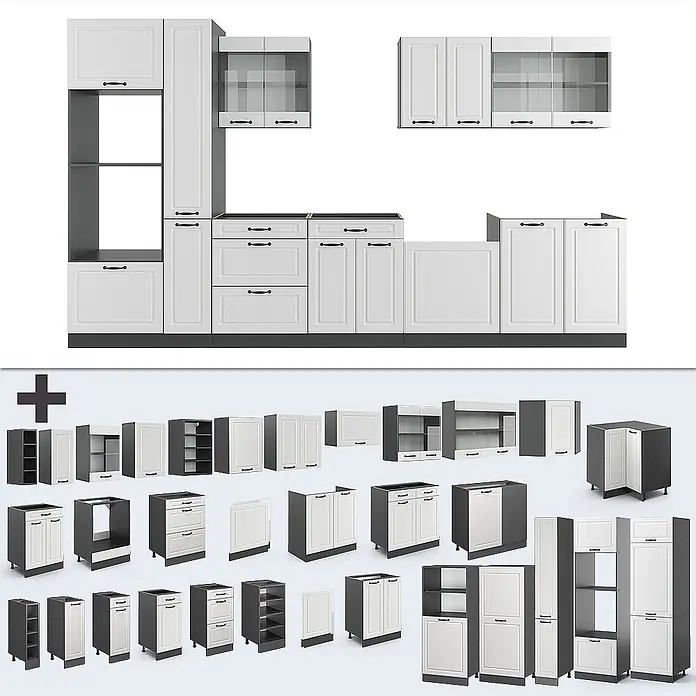 Vicco Küchenzeile R-Line Weiß Landhaus/Anthrazit mit Hochschrank, ohne Arbeitsplatte - Weiß Landhaus, Ohne Elektrogeräte - Modulares Küchensystem mit weißen Türen und dunkelgrauen Rahmen. Enthält diverse Unter-, Wand- und Hochschränke.