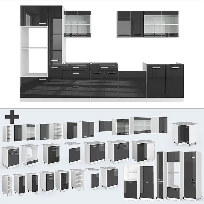 Vicco Küchenzeile R-Line Anthrazit Hochglanz/Weiß mit Hochschrank, ohne Arbeitsplatte - Anthrazit Hochglanz, Ohne Elektrogeräte - Moderne modulare Küchenschränke in Hochglanz Schwarz/Dunkelgrau und Weiß für flexible Aufbewahrungslösungen.