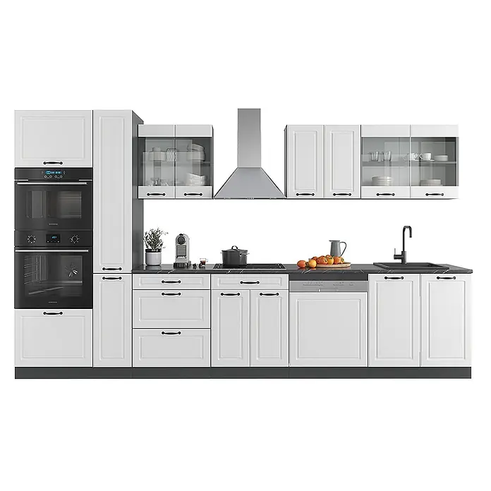 Vicco Küchenzeile R-Line Weiß Landhaus/Anthrazit mit Hochschrank, ohne Arbeitsplatte - Breite: 350 cm, Weiß Landhaus, Ohne Elektrogeräte - Weiße Küche mit schwarzen Griffen, Arbeitsplatten, integrierten Öfen, Kochfeld, Dunstabzugshaube, Spüle und Geschirrspüler.