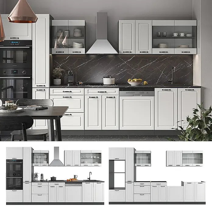 Vicco Küchenzeile R-Line Weiß Landhaus/Anthrazit mit Hochschrank, ohne Arbeitsplatte - Weiß Landhaus, Ohne Elektrogeräte - Weiße Modulküche mit schwarzer Marmor-Rückwand, integrierten Geräten und modernem Schrankdesign.