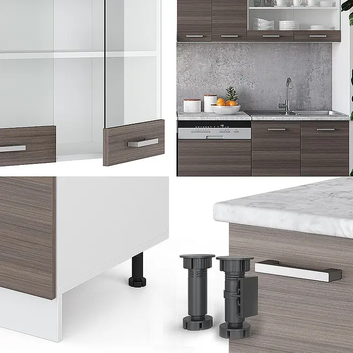 Vicco Küchenzeile R-Line Edelgrau/Weiß, AP Eiche - Breite: 300 cm, Edelgrau, Ohne Elektrogeräte - Moderne Küchenschränke in dunkler Holzmaserung mit Metallgriffen, heller Arbeitsplatte und verstellbaren schwarzen Plastikfüßen.