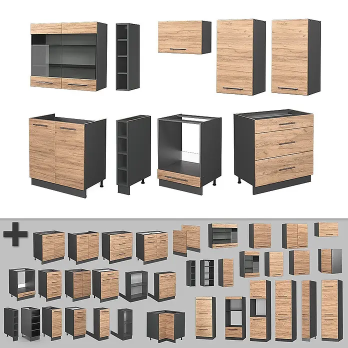 Vicco Küchenzeile Fame-Line Goldkraft Eiche/Anthrazit, AP Marmor - Breite: 235 cm, Goldkraft Eiche, Ohne Elektrogeräte - Modulare Küchenschränke mit dunkelgrauen Korpus und hellen Holzfronten, inklusive Wand-, Unter- und Schubladenschränken.
