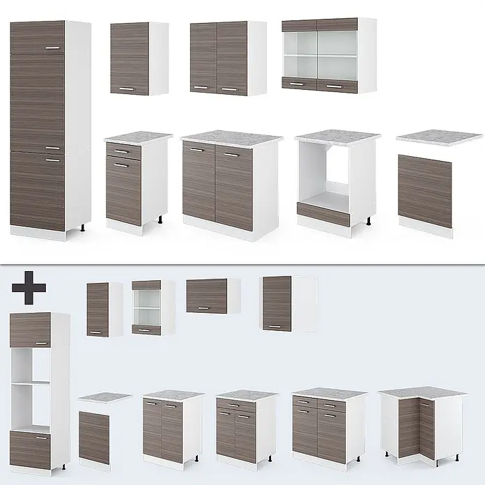 Vicco Küchenzeile R-Line Edelgrau/Weiß, AP Eiche - Breite: 300 cm, Edelgrau, Ohne Elektrogeräte - Modulares Küchenschrank-Set in Holzmaserung Braun und Weiß, mit verschiedenen Unter- und Oberschränken, teils mit Glastüren oder grauen Arbeitsplatten.