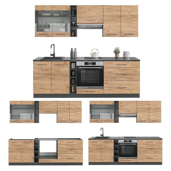Vicco Küchenzeile Fame-Line Goldkraft Eiche/Anthrazit, AP Marmor - Breite: 235 cm, Goldkraft Eiche, Ohne Elektrogeräte - Moderne Küchenschrankgarnitur mit hellen Holzfronten und dunkelgrauen Elementen. Beinhaltet Oberschränke mit Glastüren, Unterschränke mit Spüle, Ofen und Kochfeld.