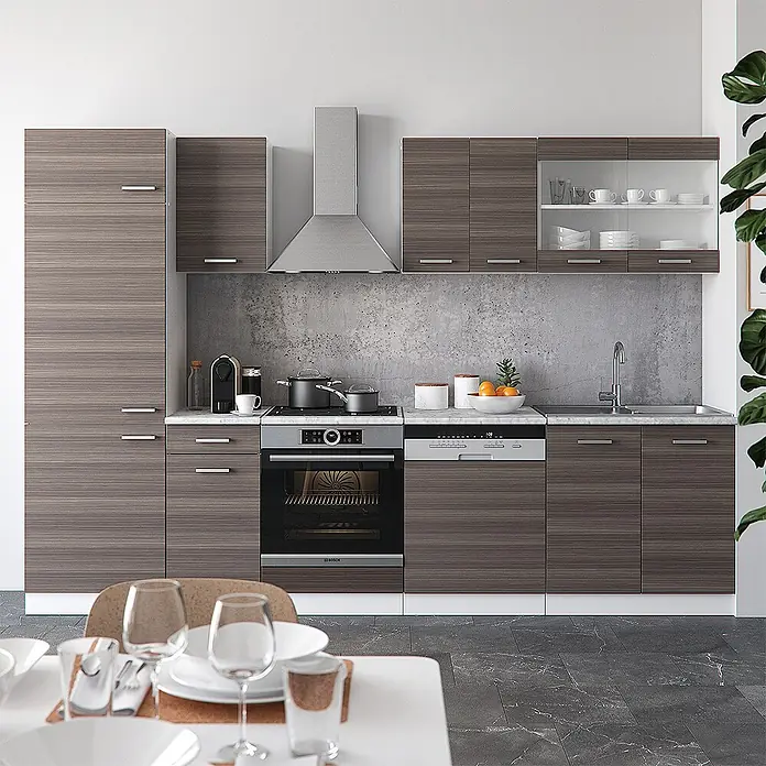Vicco Küchenzeile R-Line Edelgrau/Weiß, AP Eiche - Breite: 300 cm, Edelgrau, Ohne Elektrogeräte - Moderne Küche mit dunklen Holzmaserungsschränken, heller Arbeitsplatte, Edelstahlgeräten (Ofen, Geschirrspüler, Dunstabzugshaube) und einer Betonoptik-Rückwand.