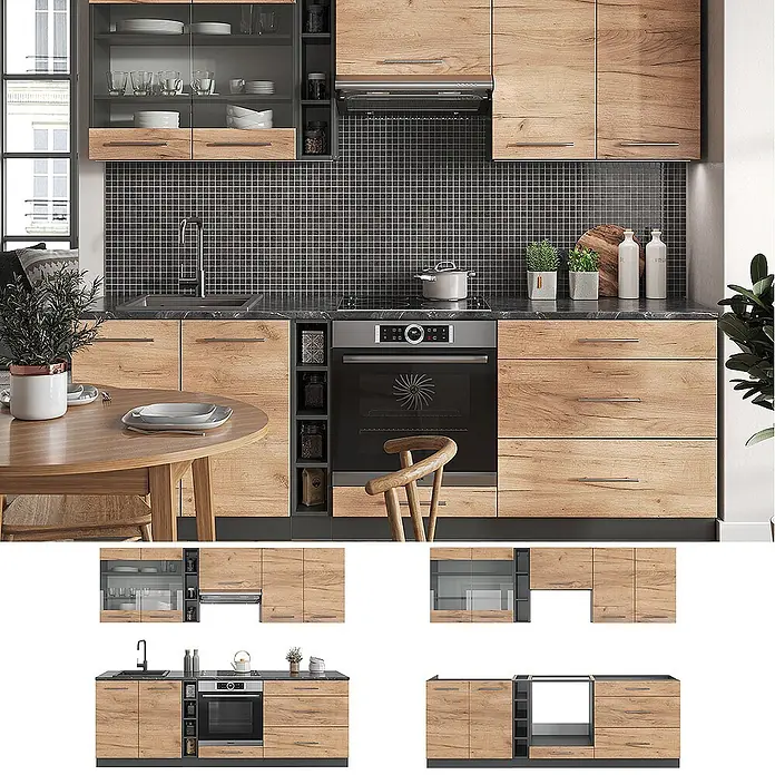 Vicco Küchenzeile Fame-Line Goldkraft Eiche/Anthrazit, AP Marmor - Breite: 235 cm, Goldkraft Eiche, Ohne Elektrogeräte - Moderne Küche mit hellen Holzschränken, dunklen Arbeitsplatten, schwarzem Fliesenspiegel und integrierten Geräten.