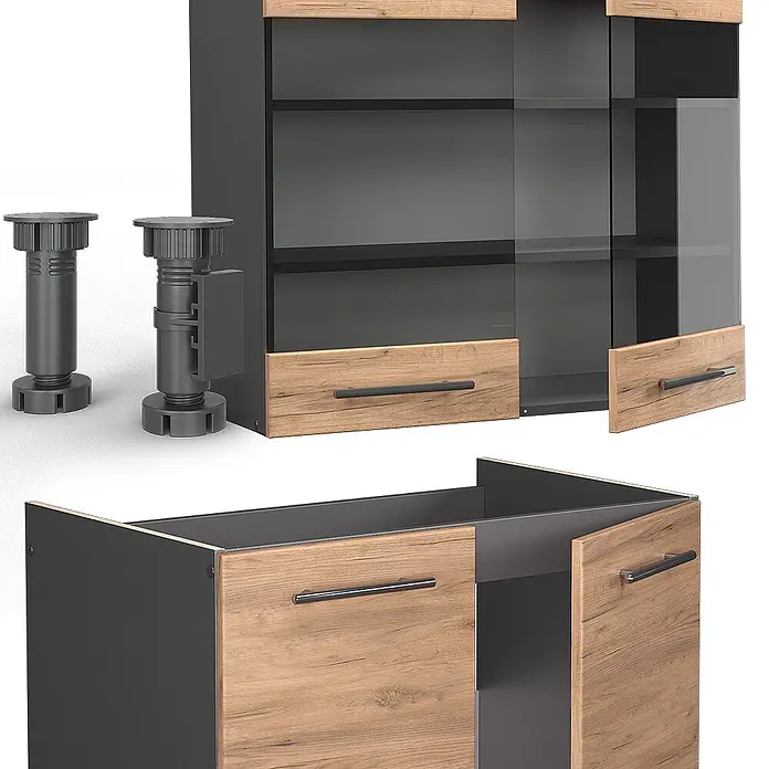 Vicco Küchenzeile Fame-Line Goldkraft Eiche/Anthrazit, AP Marmor - Breite: 235 cm, Goldkraft Eiche, Ohne Elektrogeräte - Dunkelgrauer Schrank mit hellen Holzschubladen und Glastüren, dazu zwei verstellbare Möbelbeine.