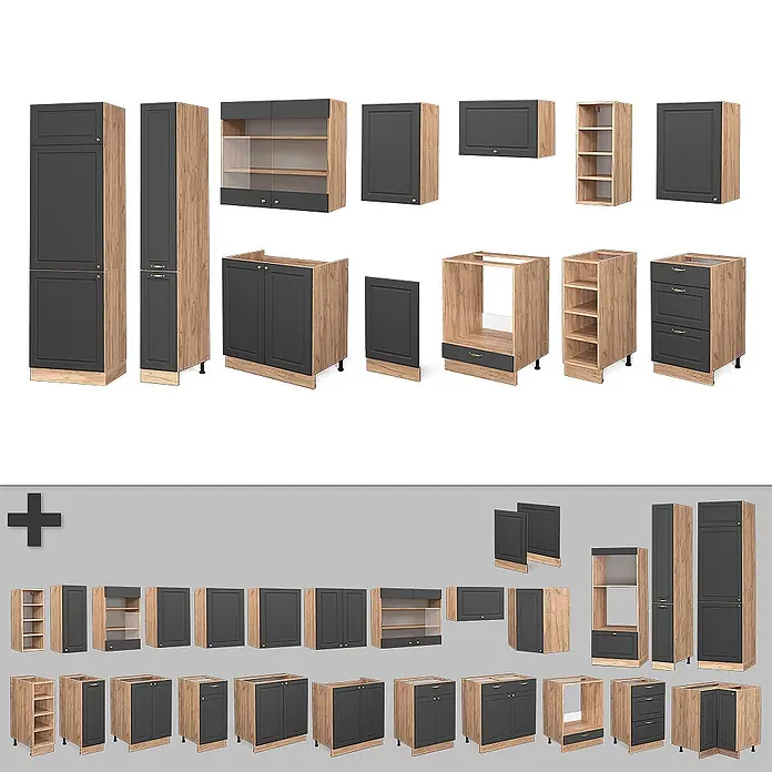 Vicco Küchenzeile Fame-Line Anthrazit Landhaus/Goldkraft Eiche ohne Arbeitsplatte - Breite: 355 cm, Anthrazit Landhaus, Ohne Elektrogeräte - Modulare Küchenschränke mit Holzoptik-Korpus und dunkelgrauen Fronten, in verschiedenen Konfigurationen.