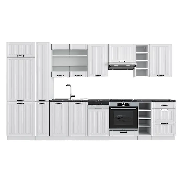 Vicco Küchenzeile Fame-Line Weiß Landhaus/Weiß mit Hochschrank, ohne Arbeitsplatte - Breite: 355 cm, Weiß Landhaus, Ohne Elektrogeräte - Weißes Küchenset mit geriffelten Türen, schwarzen Griffen, schwarzer Marmor-Arbeitsplatte, Spüle, Geschirrspüler, Backofen, Kochfeld und Dunstabzugshaube.