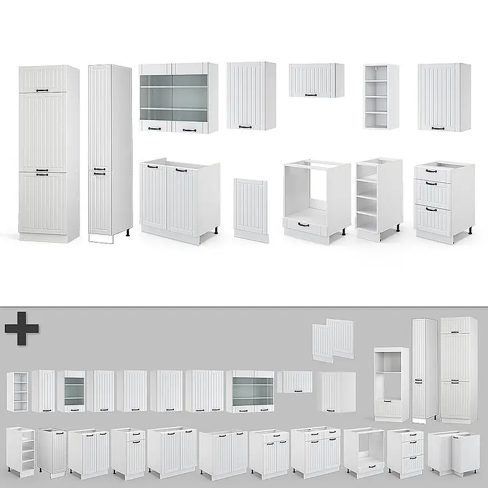 Vicco Küchenzeile Fame-Line Weiß Landhaus/Weiß mit Hochschrank, ohne Arbeitsplatte - Breite: 355 cm, Weiß Landhaus, Ohne Elektrogeräte - Modulares weißes Küchenschranksystem mit Hochschränken, Unterschränken und Hängeschränken in verschiedenen Ausführungen.