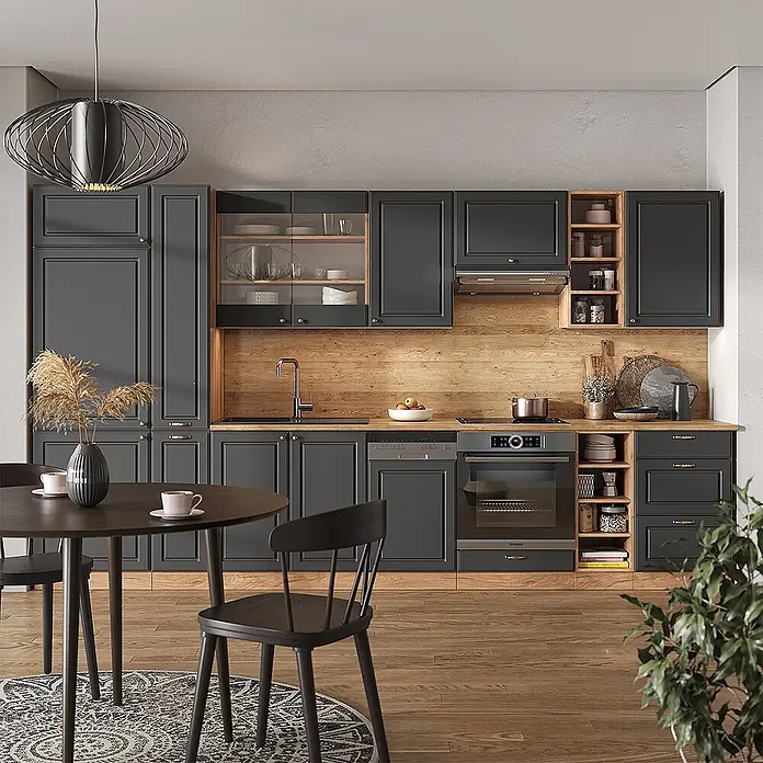 Vicco Küchenzeile Fame-Line Anthrazit Landhaus/Goldkraft Eiche ohne Arbeitsplatte - Anthrazit-Gold Landhaus, Ohne Elektrogeräte - Moderne Küche mit dunkelgrauen Schränken, Holzdetails und integrierten Geräten.