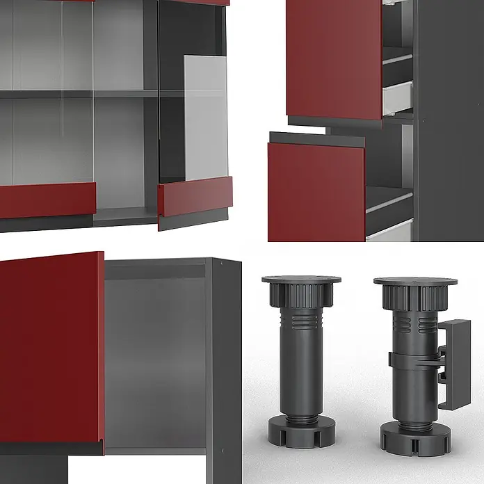 Vicco Küchenzeile R-Line, Rot/Anthrazit, 350 cm -  - Rote und graue Küchenschrankkomponenten, inkl. Glastüren, Schubladen und verstellbare schwarze Kunststofffüße.