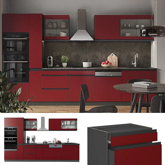 Vicco Küchenzeile R-Line, Rot/Anthrazit, 350 cm -  - Moderne rote Küche mit integrierten schwarzen Geräten, dunklen Arbeitsplatten und Oberschränken mit Glastüren.