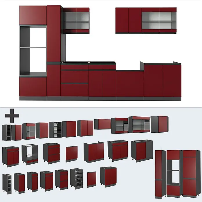 Vicco Küchenzeile R-Line, Rot/Anthrazit, 350 cm -  - Modulare Küchenschränke in Bordeaux und Dunkelgrau, mit Unter-, Ober- und Hochschränken für individuelle Küchenplanung.