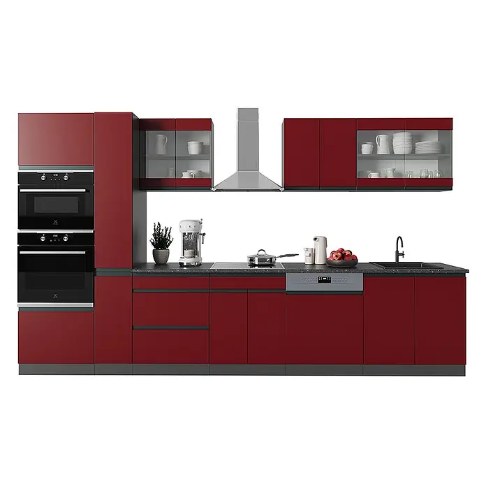 Vicco Küchenzeile R-Line, Rot/Anthrazit, 350 cm -  - Moderne rote Küche mit integrierten Geräten, dunkler Arbeitsplatte und Edelstahlhaube.