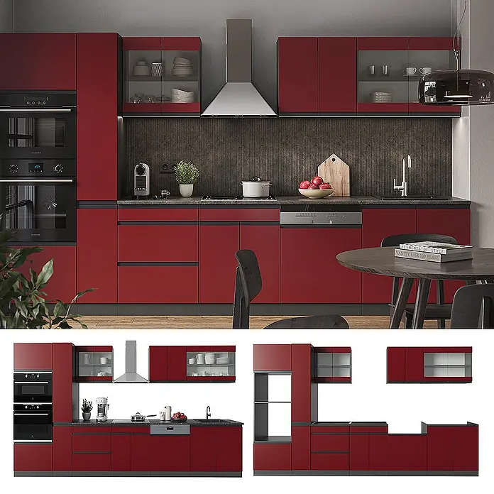 Vicco Küchenzeile R-Line, Rot/Anthrazit, 350 cm -  - Moderne modulare Küche mit matten roten Schränken, schwarzen Arbeitsplatten und integrierten Geräten. Inklusive Hängeschränken und Essbereich.