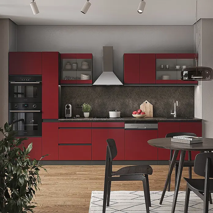 Vicco Küchenzeile R-Line, Rot/Anthrazit, 350 cm -  - Moderne Küche mit eleganten roten Schränken, dunklen Arbeitsplatten und integrierten Geräten, ergänzt durch einen Essbereich.
