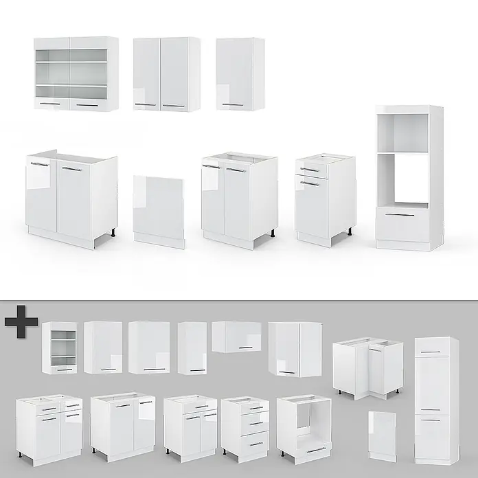 Vicco Küchenzeile Fame-Line Weiß Hochglanz/Weiß mit Hochschrank, AP Eiche - Breite: 300 cm, Weiß Hochglanz, Ohne Elektrogeräte - Eine Kollektion modularer, weiß glänzender Küchenschränke in verschiedenen Konfigurationen, einschließlich Wand-, Unter- und Hochschränken.