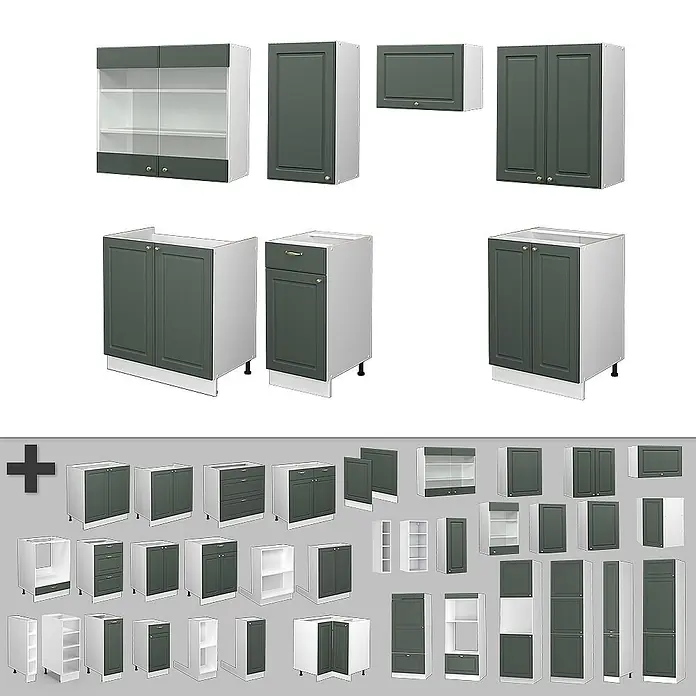 Vicco Küchenzeile Fame-Line Grün-Gold Landhaus/Weiß, AP Eiche - Breite: 240 cm, Grün-Gold Landhaus, Ohne Elektrogeräte - Modulare dunkelgrüne und weiße Küchenschränke in verschiedenen Größen, darunter Unter-, Ober- und Glasschränke.
