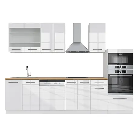Vicco  Küchenzeile Fame-Line Weiß Hochglanz/Weiß mit Hochschrank, AP Eiche