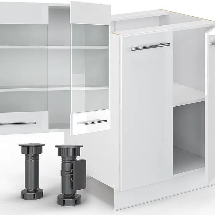 Vicco Küchenzeile Fame-Line Weiß Hochglanz/Weiß mit Hochschrank, AP Marmor - Weiß Hochglanz, Ohne Elektrogeräte - Weiße Küchenschränke mit Glastüren, Schubladen und verstellbaren dunkelgrauen Füßen.