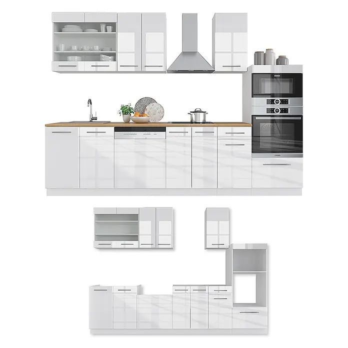 Vicco Küchenzeile Fame-Line Weiß Hochglanz/Weiß mit Hochschrank, AP Marmor - Weiß Hochglanz, Ohne Elektrogeräte - Weißes modulares Küchenschrank-Set mit Holzplatte, Edelstahlgeräten und Hochglanzoberfläche.
