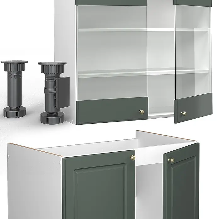 Vicco Küchenzeile Fame-Line Grün-Gold Landhaus/Weiß, AP Marmor - Grün-Gold Landhaus, Ohne Elektrogeräte - Modulare Küchenschränke in Weiß und Dunkelgrün mit Klarglas, Messingknöpfen und verstellbaren dunkelgrauen Füßen.