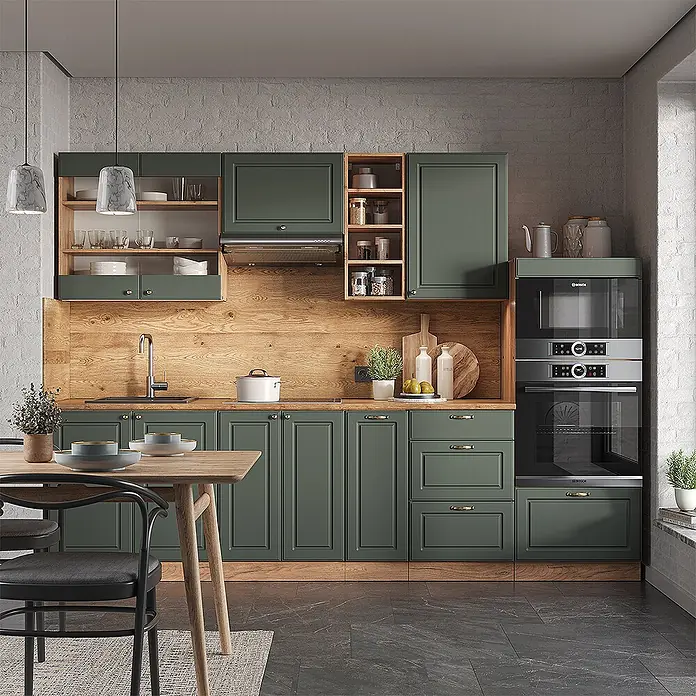 Vicco Küchenzeile Fame-Line Grün-Gold Landhaus/Goldkraft Eiche ohne Arbeitsplatte - Grün-Gold Landhaus, Ohne Elektrogeräte - Moderne Küche mit dunkelgrünen Schränken, heller Holz-Arbeitsplatte und -Rückwand, Einbaugeräten und offenen Regalen.