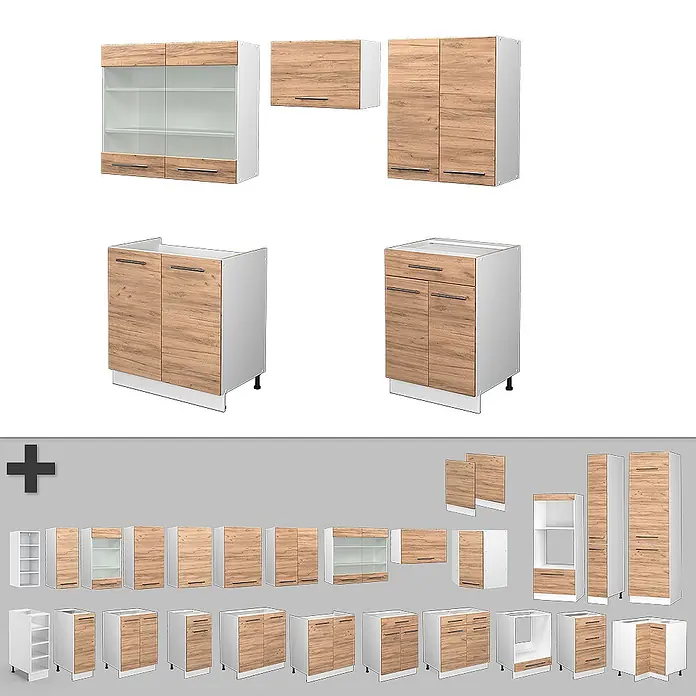 Vicco Küchenzeile Fame-Line Goldkraft Eiche/Weiß, AP Eiche - Breite: 200 cm, Goldkraft Eiche, Ohne Elektrogeräte - Modulares Küchenschrank-Set: weiße Korpusse, helle Eichenholzoptik-Fronten. Inkl. Ober-, Unter-, Glas-, Schubladen- und Offenschränke.