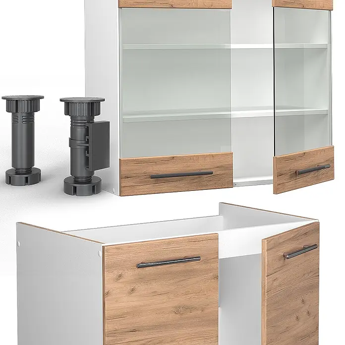 Vicco Küchenzeile Fame-Line Goldkraft Eiche/Weiß, AP Eiche - Breite: 200 cm, Goldkraft Eiche, Ohne Elektrogeräte - Küchenschränke mit Holzoptik-Fronten, Glastüren, weißem Innenraum und zwei verstellbaren dunkelgrauen Füßen.