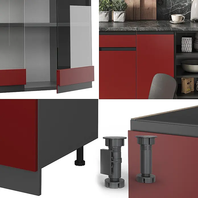Vicco Küchenzeile R-Line Rot/Anthrazit J-Shape, AP Eiche - Rot, Ohne Elektrogeräte - Modulares Küchenschranksystem mit matten roten Fronten, dunkelgrauen Rahmen und verstellbaren Standfüßen.