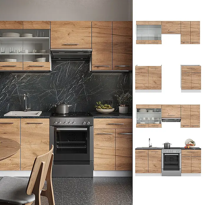 Vicco Küchenzeile Fame-Line Goldkraft Eiche/Weiß, AP Eiche - Breite: 200 cm, Goldkraft Eiche, Ohne Elektrogeräte - Moderne Küche mit hellen Holzoptik-Schränken, dunkler Arbeitsplatte und schwarzem Marmorspritzschutz. Obere und untere Einheiten.