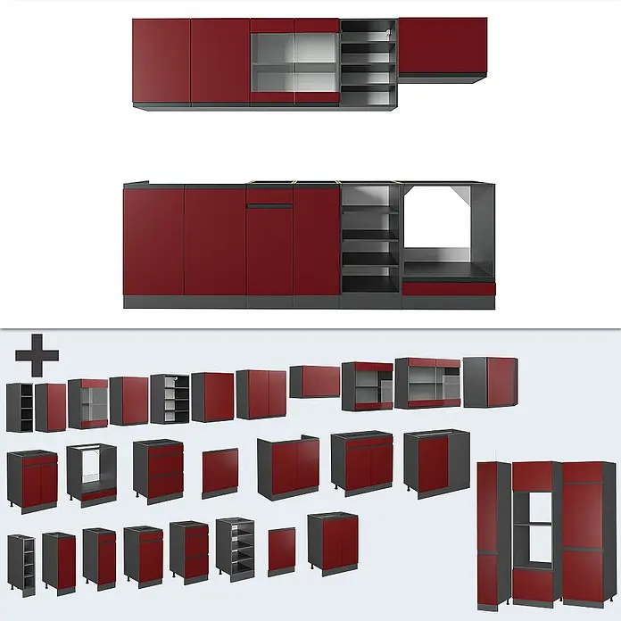 Vicco Küchenzeile R-Line Rot/Anthrazit J-Shape, AP Eiche - Rot, Ohne Elektrogeräte - Modulare dunkelrote und dunkelgraue Küchenschränke, inklusive Wand-, Unter- und Hochschränke, teils mit Glas.