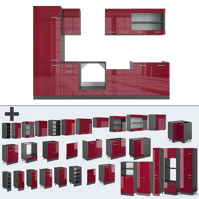 Vicco Küchenzeile R-Line Rot Hochglanz/Anthrazit, AP Eiche - Breite: 300 cm, Rot Hochglanz, Ohne Elektrogeräte - Modulare Küchenschrank-Set in Hochglanzrot und Dunkelgrau. Enthält verschiedene Unter-, Wand- und Hochschränke.
