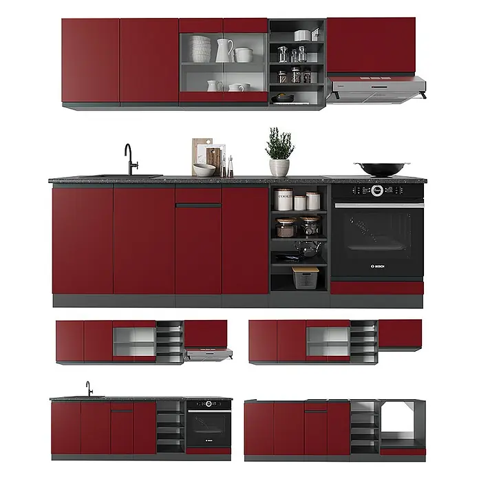 Vicco Küchenzeile R-Line Rot/Anthrazit J-Shape, AP Eiche - Rot, Ohne Elektrogeräte - Modulares Küchensystem mit dunkelroten und dunkelgrauen Schränken, Spüle, Backofen und verschiedenen Aufbewahrungslösungen für moderne Küchen.