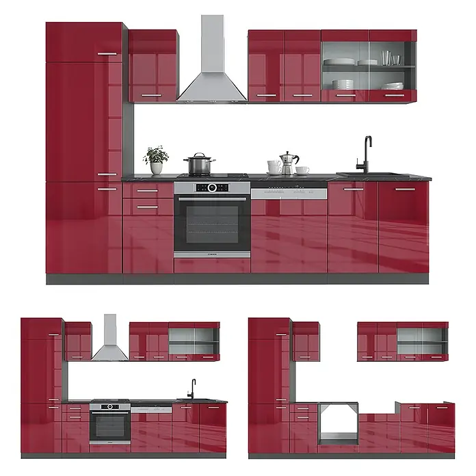 Vicco Küchenzeile R-Line Rot Hochglanz/Anthrazit, AP Eiche - Breite: 300 cm, Rot Hochglanz, Ohne Elektrogeräte - Hochglanzrote modulare Küche mit integriertem Backofen, Kochfeld, Spüle und Geschirrspüler, sowie diversen Schrankmodulen.