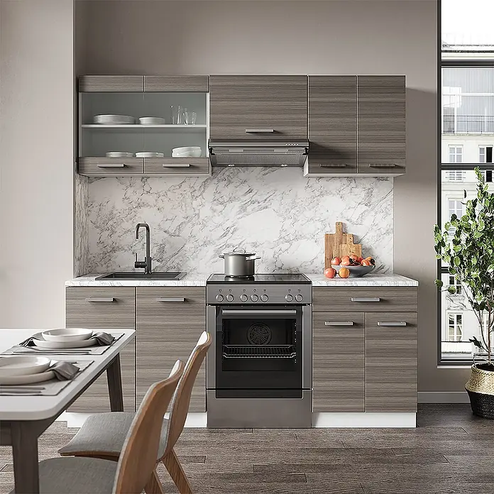 Vicco Küchenzeile R-Line Edelgrau/Weiß, AP Eiche - Breite: 200 cm, Edelgrau, Ohne Elektrogeräte - Moderne Küche mit grauen Holzmaserungsschränken, weißer Marmorrückwand und Edelstahlgeräten. Komplette Küchenlösung.
