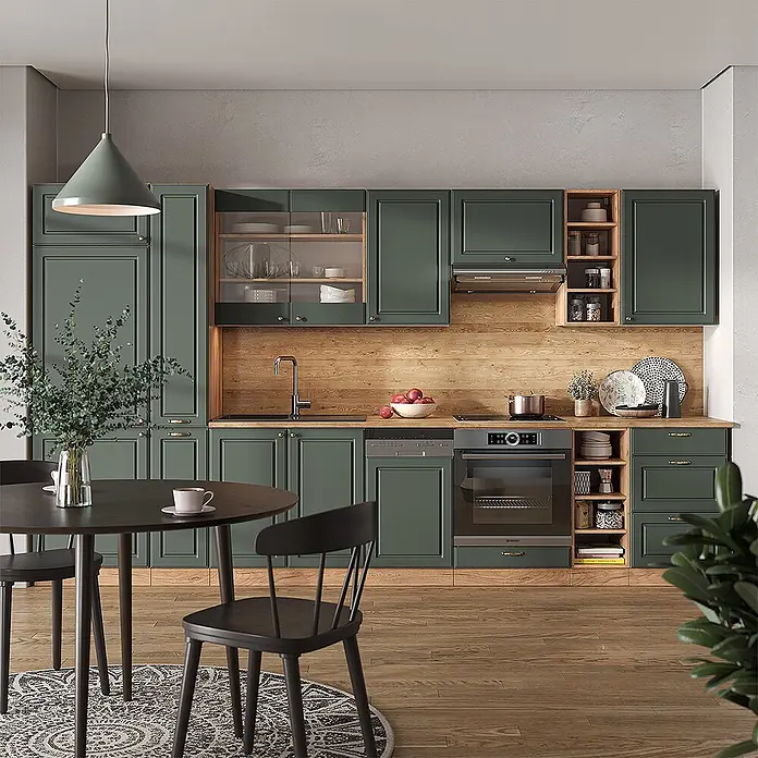 Vicco Küchenzeile Fame-Line Grün-Gold Landhaus/Goldkraft Eiche, AP Eiche - Grün-Gold Landhaus, Ohne Elektrogeräte - Moderne Küche mit dunkelgrünen Schränken, integrierten Geräten und warmen Holzdetails. Mit Essbereich.