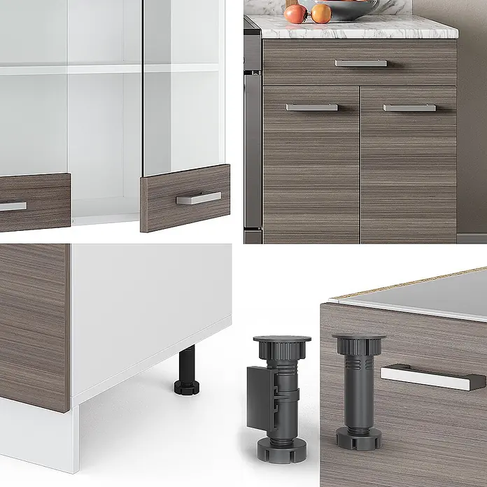 Vicco Küchenzeile R-Line Edelgrau/Weiß, AP Eiche - Breite: 200 cm, Edelgrau, Ohne Elektrogeräte - Modulares Schranksystem: Türen/Schubladen in Grau-Holzoptik, weiße Paneele, silberne Griffe, verstellbare dunkle Füße.