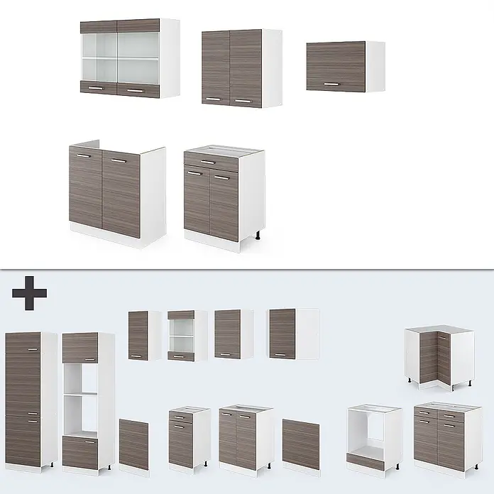 Vicco Küchenzeile R-Line Edelgrau/Weiß, AP Eiche - Breite: 200 cm, Edelgrau, Ohne Elektrogeräte - Modulare Küchenschränke im modernen Design, mit dunklen Holzdekorfronten und weißen Rahmen, inklusive Ober-, Unter- und Hochschränken.