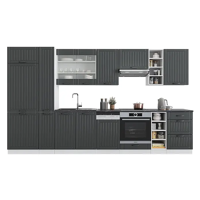 Vicco Küchenzeile Fame-Line Anthrazit Landhaus/Weiß mit Hochschrank, ohne Arbeitsplatte - Breite: 355 cm, Dunkelgrau, Ohne Elektrogeräte - Dunkelgraue Küche mit geriffelten Schranktüren, schwarzer Arbeitsplatte und integrierten Geräten.