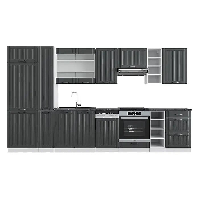 Vicco Küchenzeile Fame-Line Anthrazit Landhaus/Weiß mit Hochschrank, ohne Arbeitsplatte - Breite: 355 cm, Dunkelgrau, Ohne Elektrogeräte - Komplette dunkelgraue Küche mit vertikal geriffelten Schränken, schwarzer Arbeitsplatte, Spüle, Geschirrspüler, Ofen und Dunstabzugshaube.