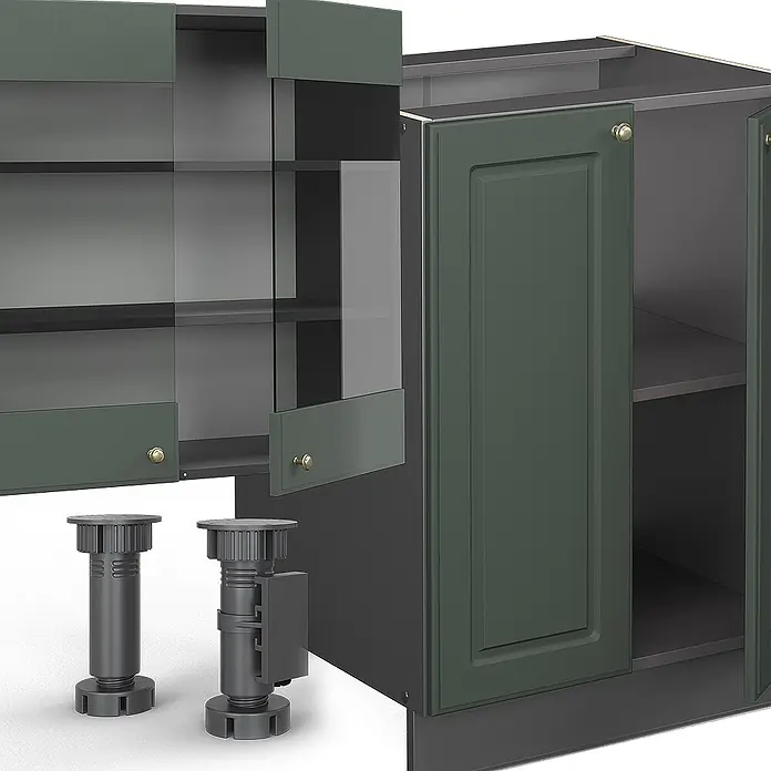 Vicco Küchenzeile Fame-Line, Grün-Gold Landhaus/Anthrazit, 300 cm -  - Dunkelgrüne Küchenschränke mit Glas- und Volltüren, plus verstellbare graue Füße.